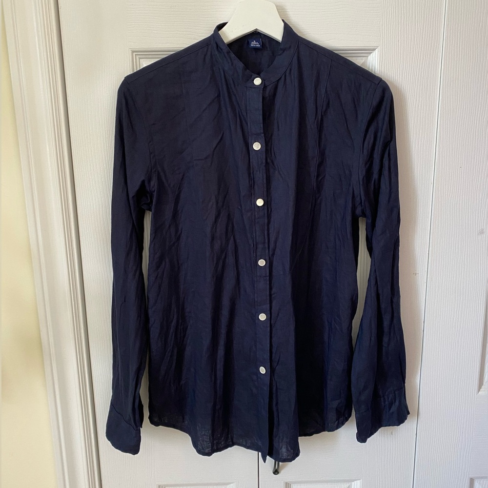 Ralph Lauren Chaps Indigo Blue 100%  Linen Shirt MOP buttons roll tab sleeve S
